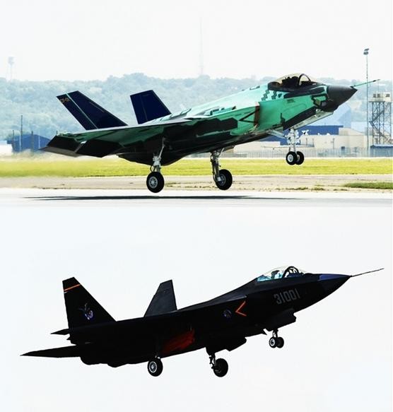 So sánh máy bay chiến đấu J-31 của Trung Quốc (dưới) và máy bay chiến đấu F-35 của Mỹ (trên).